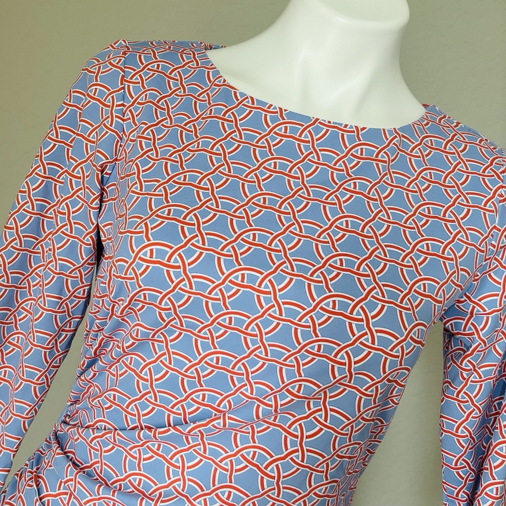 J.McLaughlin Catalina Cloth Light Blue Red Celtic Knot Side-Ruched Dress Sz Sm